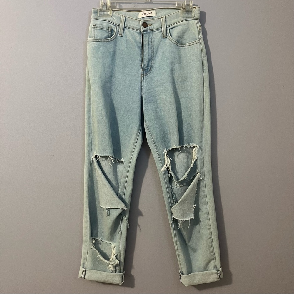 Vibrant MIU Womens Denim Jeans Light Blue Wash Distressed Stretch High Rise 3